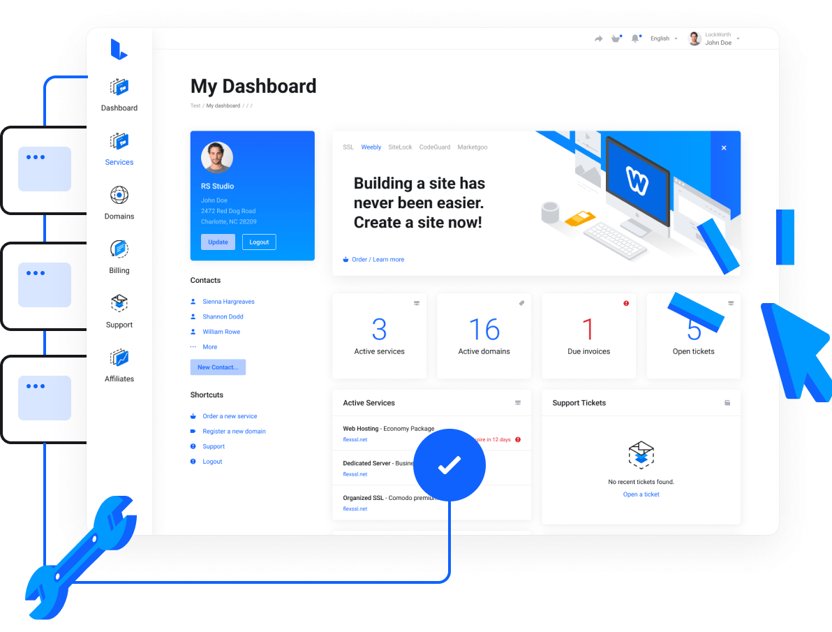 Web Design, Hosting, Domain Names, WordPress & More - Super easy control panel to manage all your services